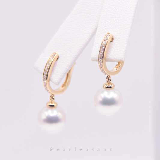 Hanadama Grade 8.0-9.0mm White Akoya Pearl Diamond Hoop Earrings with Certificate
