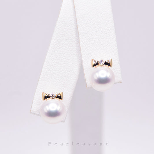 Hanadama Grade 7.5-8.0mm White Akoya Pearl Bowtie Earrings with Certificate