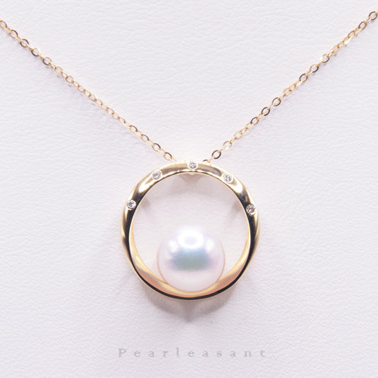 Hanadama Grade 8.5-9.0mm White Akoya Pearl Circle Diamond Pendant with Certificate