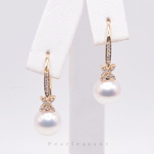Hanadama Grade 8.0-9.0mm White Akoya Pearl Clove Dangle Earrings with Certificate