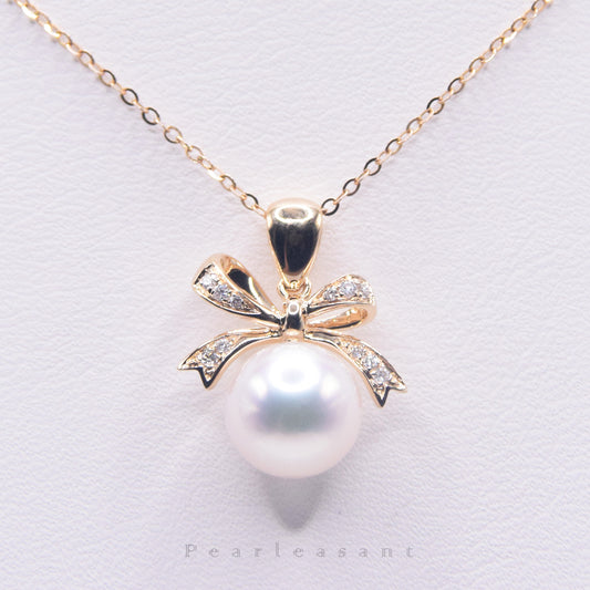 Hanadama Grade 8.5-9.0mm White Akoya Pearl Bowtie Pendant with Certificate
