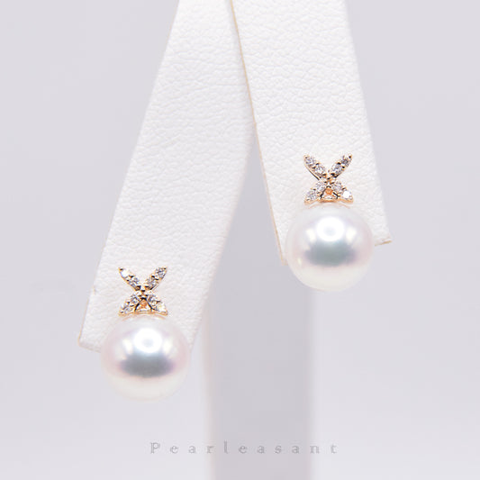Hanadama Grade 8.0-9.0mm White Akoya Pearl Classic Clove Earrings with Certificate