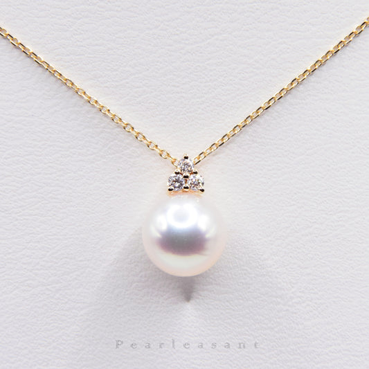 Hanadama Grade 8.0-8.5mm White Akoya Pearl Trio Diamond Pendant with Certificate