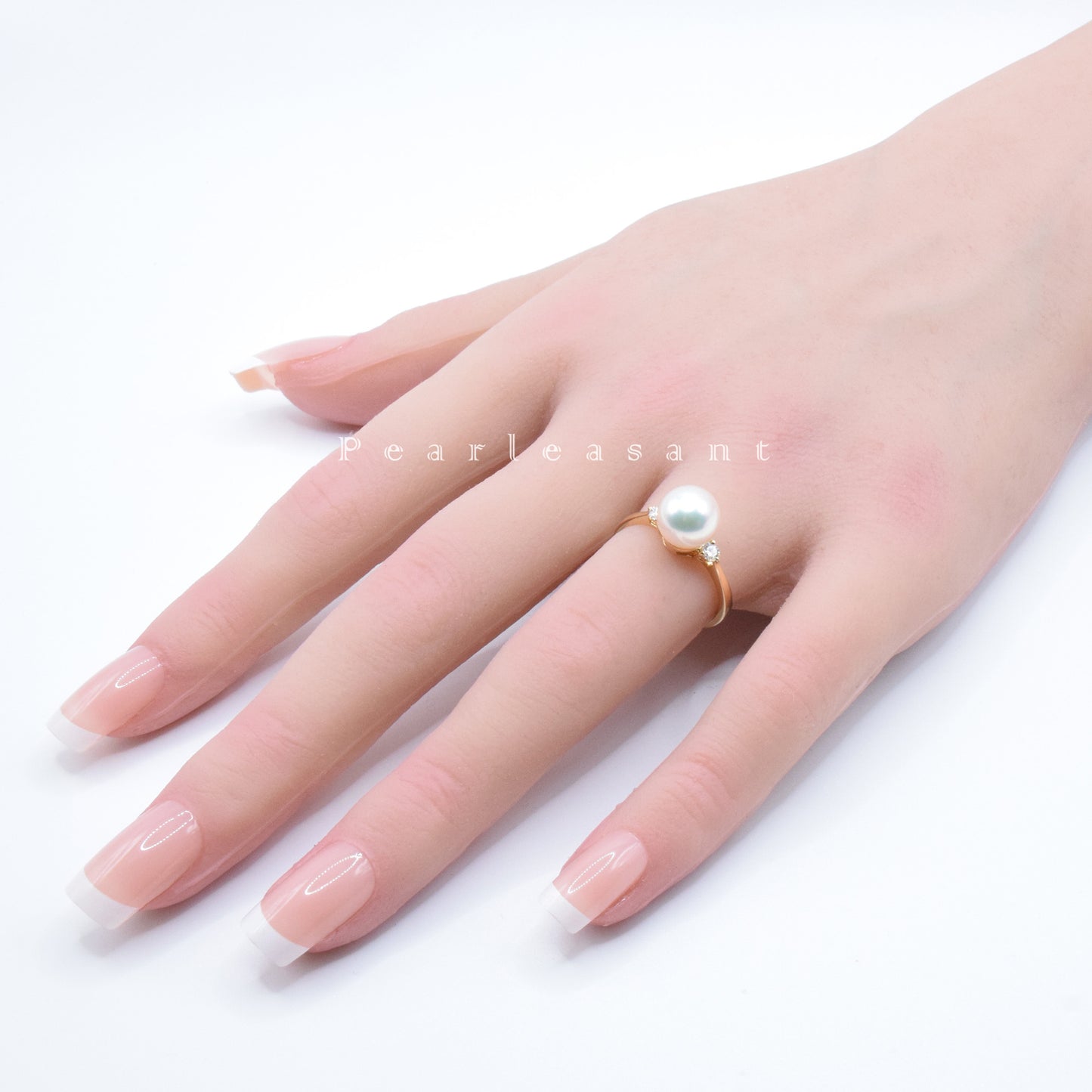 Hanadama Grade 8.0-8.5mm White Akoya Pearl Twin Diamond Ring with Certificate (Pre-order)