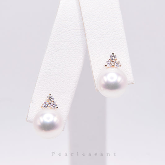 Hanadama Grade 8.5-9.0mm White Akoya Pearl Trio Diamond Earrings with Certificate