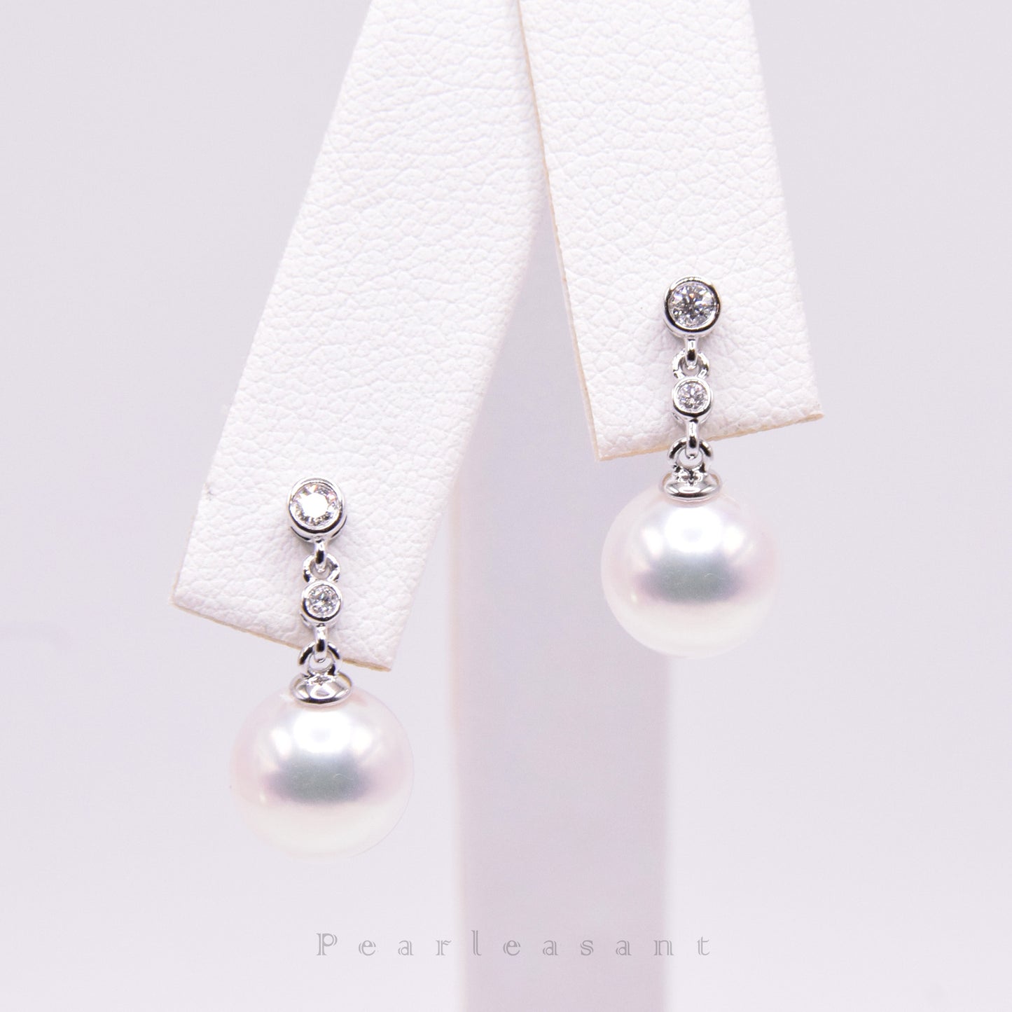 Hanadama Grade 8.0-9.0mm White Akoya Pearl Diamond Dash Earrings with Certificate