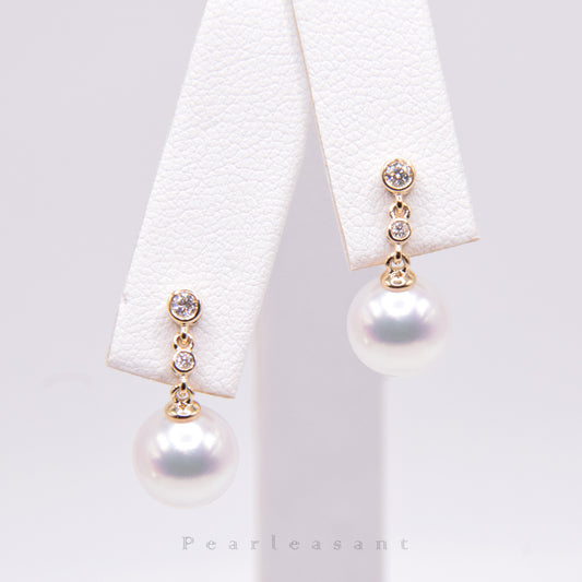 Hanadama Grade 8.0-9.0mm White Akoya Pearl Diamond Dash Earrings with Certificate