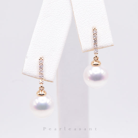 Hanadama Grade 8.5-9.0mm White Akoya Pearl Diamond Line Earrings with Certificate