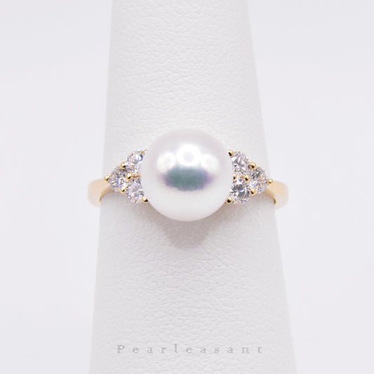 Hanadama Grade 8.5-9.0mm White Akoya Pearl Trio Diamond Ring with Certificate (Pre-order)