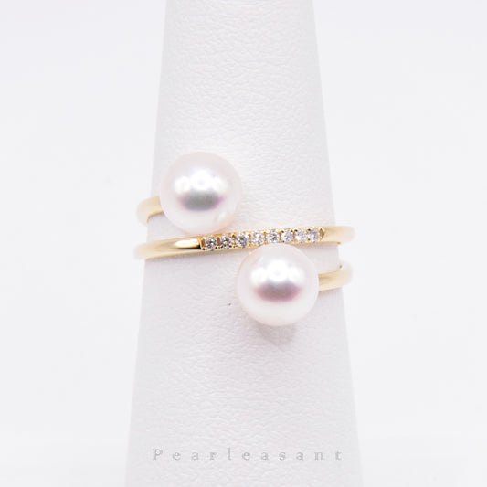 Hanadama Grade 6.5-7.0mm White Akoya Twin Pearl Swirl Diamond Ring with Certificate (Pre-order)