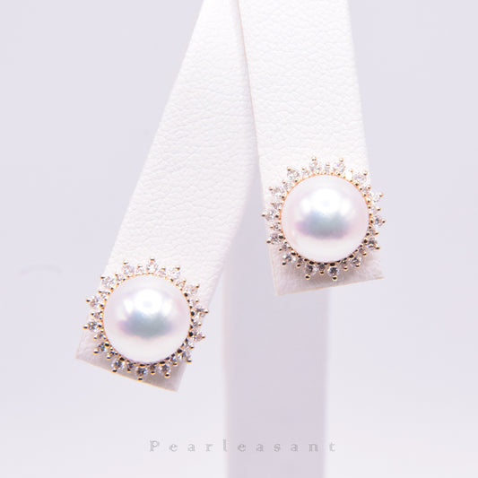 Hanadama Grade 8.5-9.0mm White Akoya Pearl Sunflower Diamond Earrings with Certificate