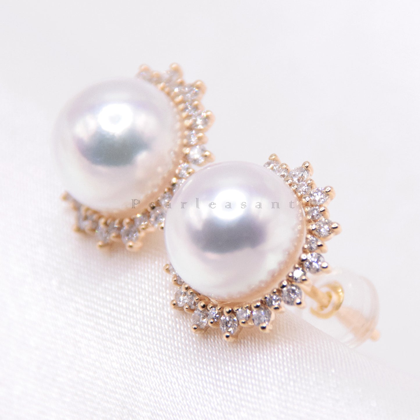 Hanadama Grade 8.5-9.0mm White Akoya Pearl Sunflower Diamond Earrings with Certificate