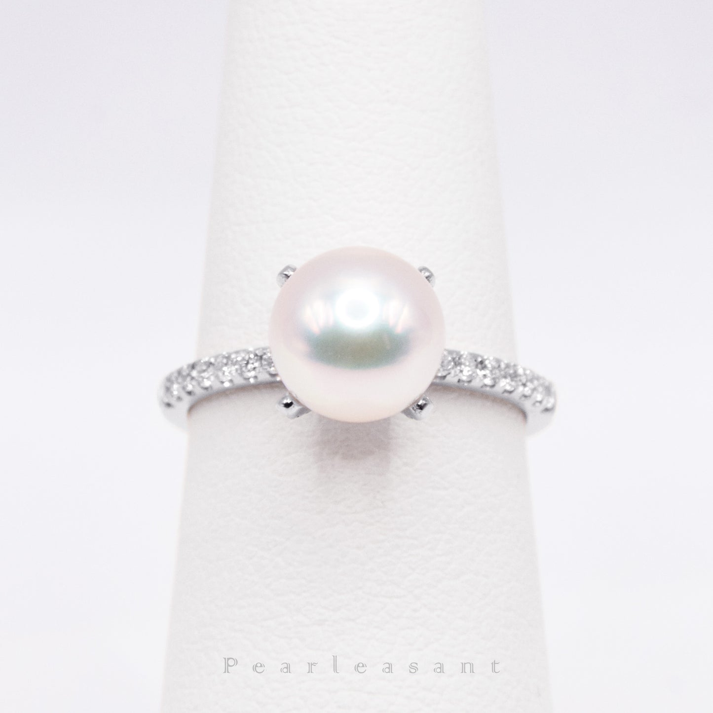 Hanadama Grade 8.0-8.5mm White Akoya Pearl Prong Setting Diamond Ring with Certificate (Pre-order)