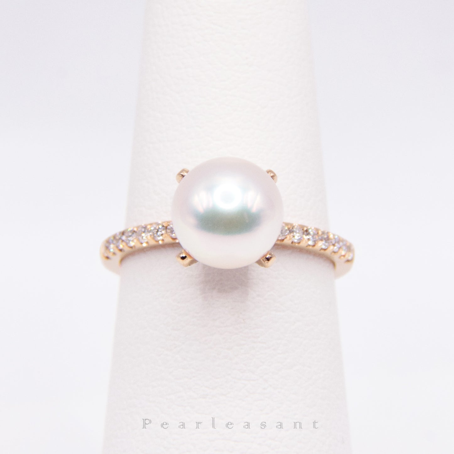 Hanadama Grade 8.0-8.5mm White Akoya Pearl Prong Setting Diamond Ring with Certificate (Pre-order)