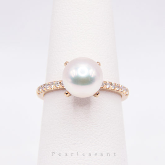 Hanadama Grade 8.0-8.5mm White Akoya Pearl Prong Setting Diamond Ring with Certificate (Pre-order)