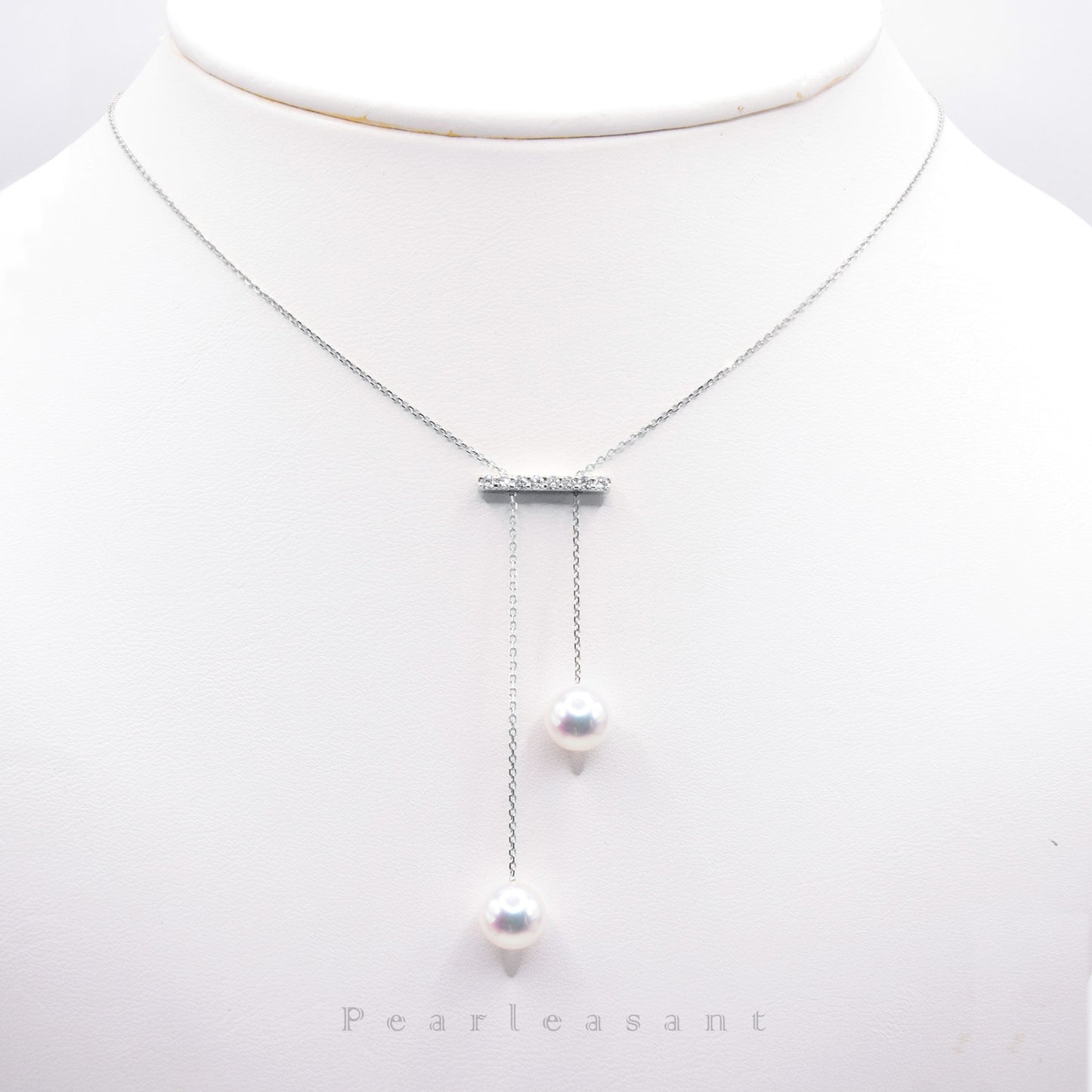 Hanadama Grade 7.5-8.0mm White Akoya Pearls Asymmetric Diamond Bar Adjustable Pendant with Certificate