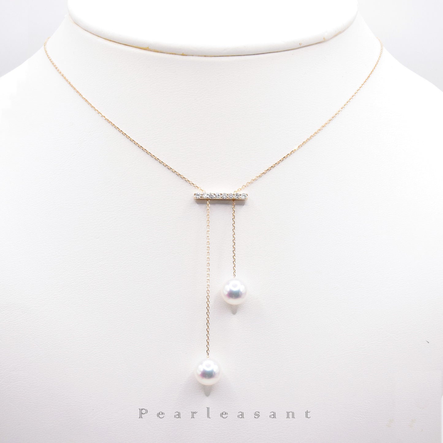 Hanadama Grade 7.5-8.0mm White Akoya Pearls Asymmetric Diamond Bar Adjustable Pendant with Certificate