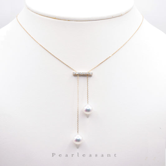 Hanadama Grade 7.5-8.0mm White Akoya Pearls Asymmetric Diamond Bar Adjustable Pendant with Certificate