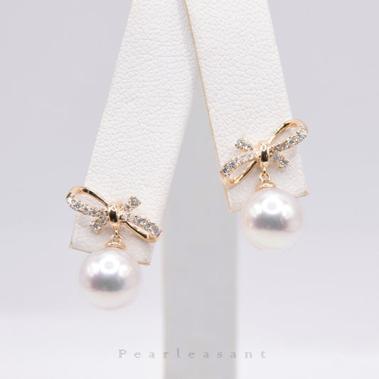 Hanadama Grade 8.0-8.5mm White Akoya Pearl Charming Bowtie Earrings with Certificate