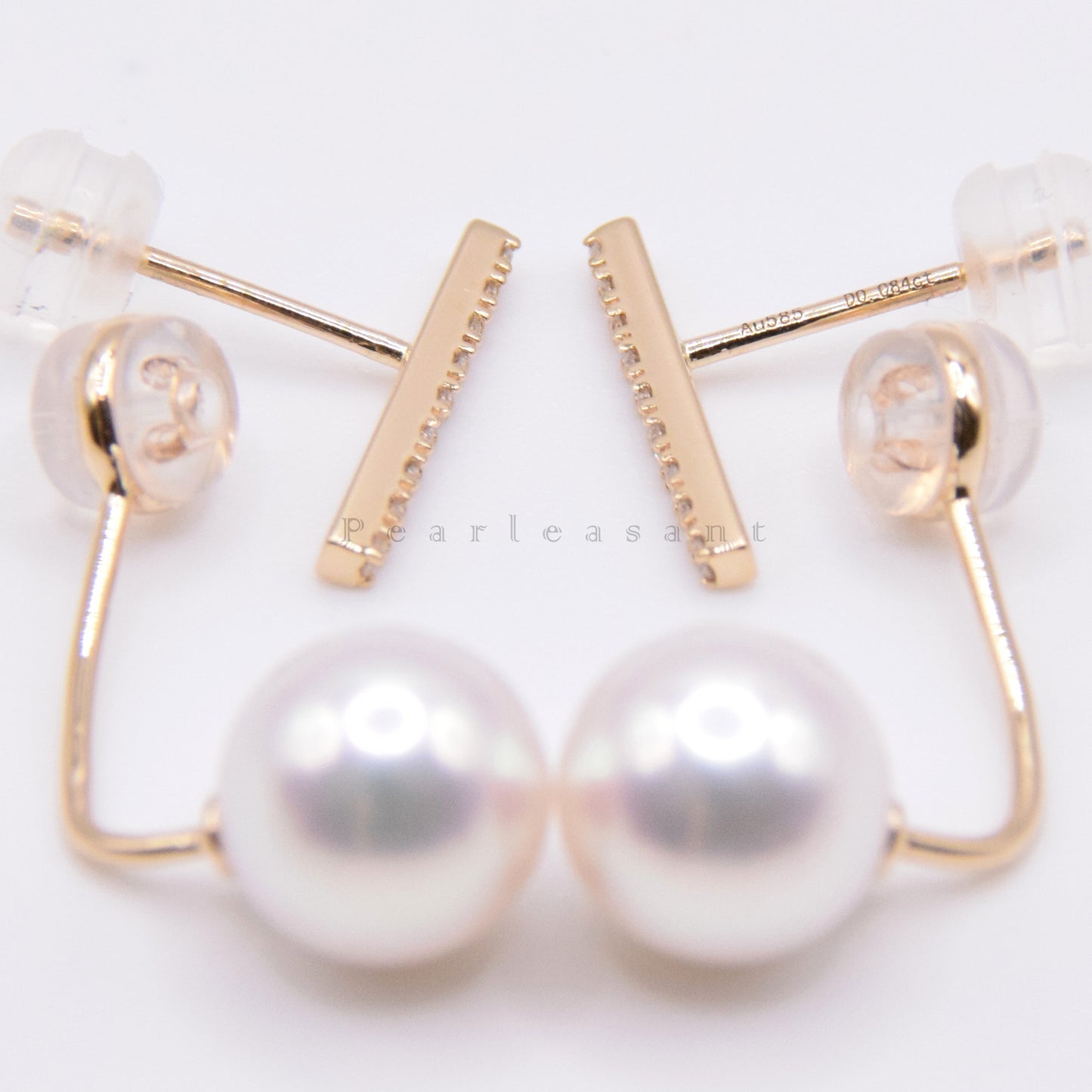 Hanadama Grade 8.0-9.0mm White Akoya Pearl Detachable Diamond Bar Earrings with Certificate