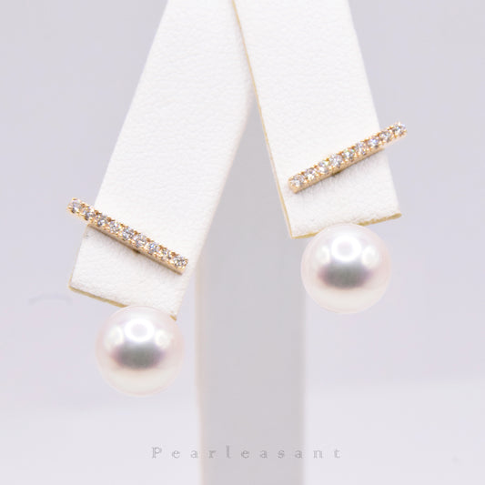 Hanadama Grade 8.0-9.0mm White Akoya Pearl Detachable Diamond Bar Earrings with Certificate