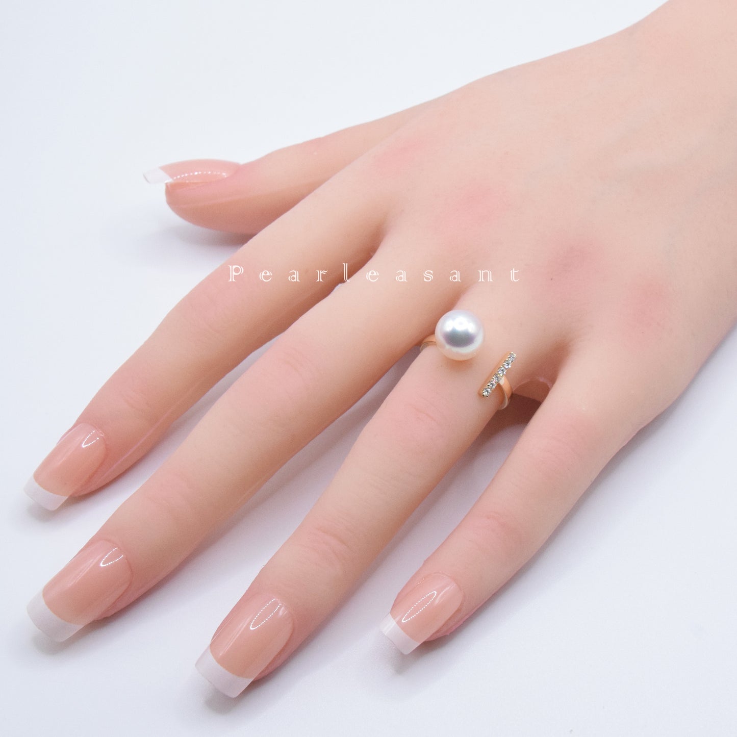 Sale Final - Super Lustrous 8.5-9.0mm White Akoya Pearl Diamond Bar Ring