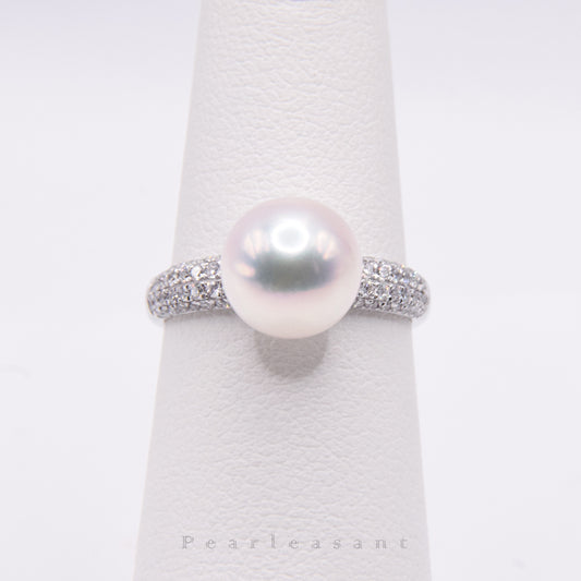 Hanadama Grade 8.5-9.0mm White Akoya Pearl Diamond Pave Ring with Certificate (Pre-order)