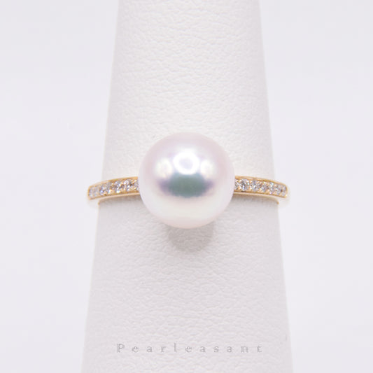 Hanadama Grade 8.0-8.5mm White Akoya Pearl Essential Diamond Ring with Certificate (Pre-order)
