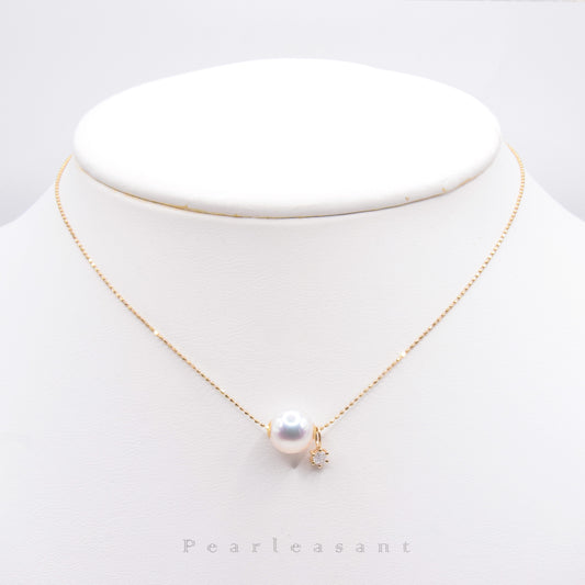 Hanadama Grade 8.5-9.0mm Natural White Akoya Pearl Diamond Floating Pendant with Certificate