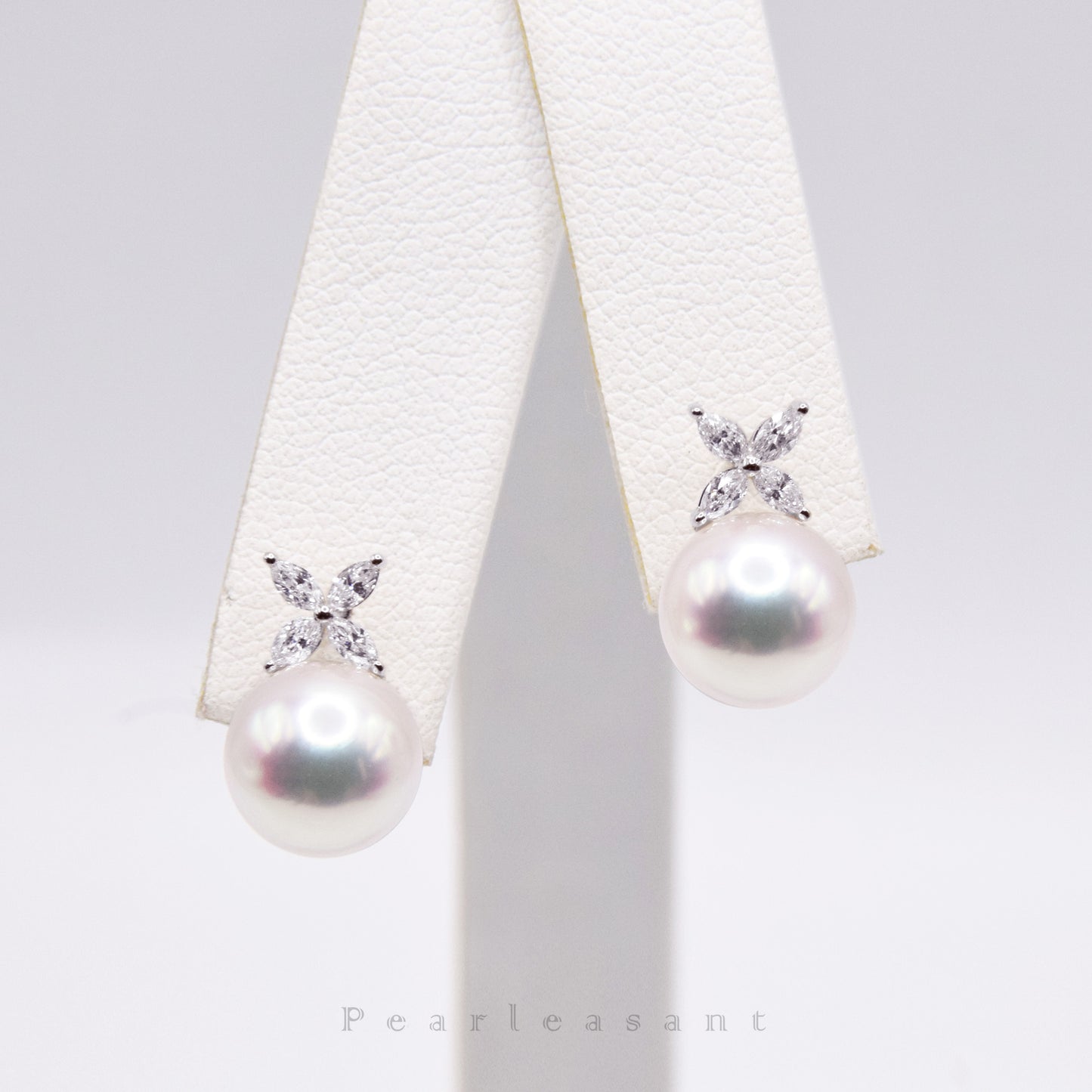 Hanadama Grade 8.5-9.0mm White Akoya Pearl Marquise Diamond Clove Earrings with Certificate