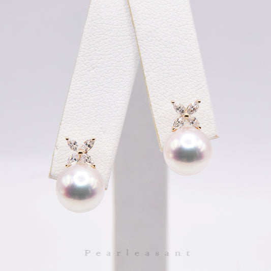 Hanadama Grade 8.5-9.0mm White Akoya Pearl Marquise Diamond Clove Earrings with Certificate