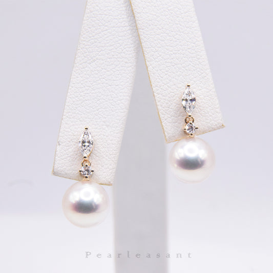 Hanadama Grade 8.0-8.5mm White Akoya Pearl Marquise Earrings with Certificate