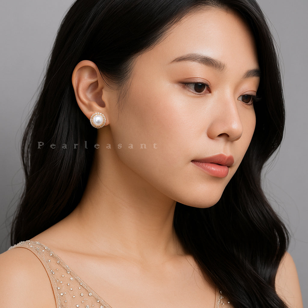 Hanadama Grade 8.5-9.0mm White Akoya Pearl Circular Sunflower Diamond Earrings with Certificate