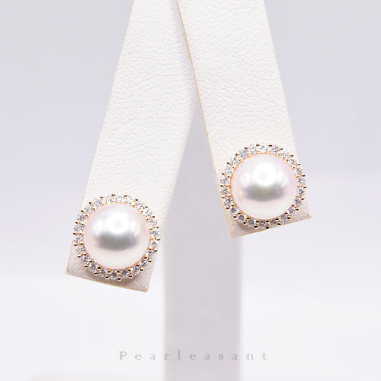 Hanadama Grade 8.5-9.0mm White Akoya Pearl Circular Sunflower Diamond Earrings with Certificate