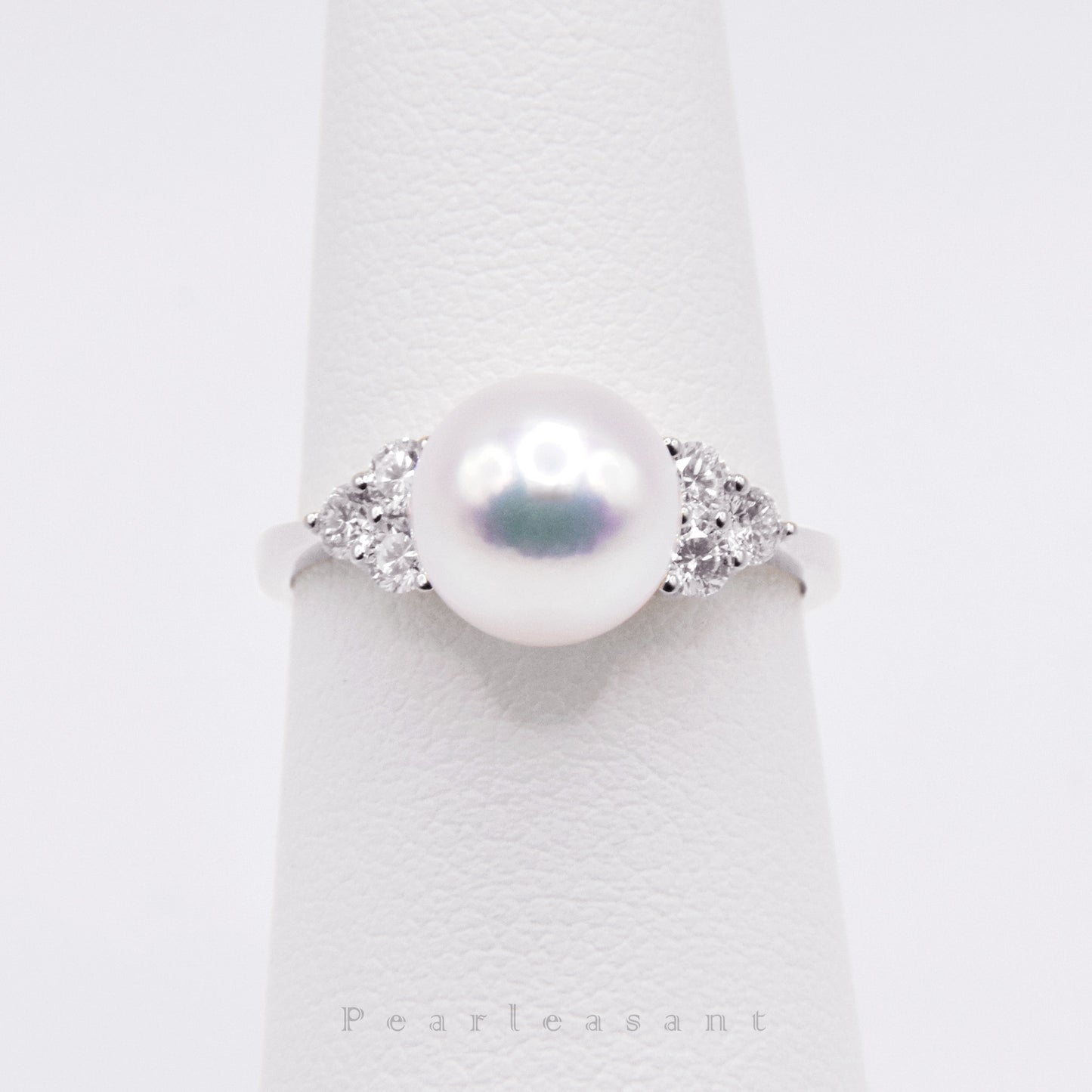 Hanadama Grade 8.5-9.0mm White Akoya Pearl Trio Diamond Ring with Certificate (Pre-order)