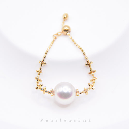 Hanadama Grade Super Luster 6.5-7.0mm White Akoya Pearl Adjustable Cross Chain Ring