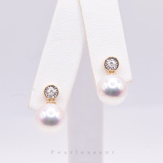 Hanadama Grade 8.0-9.0mm White Akoya Pearl Bubble Earrings with Certificate