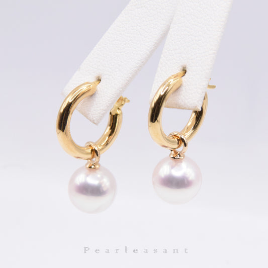 Hanadama Grade 8.0-9.0mm White Akoya Pearl Detachable Circle Hoop Earrings with Certificate
