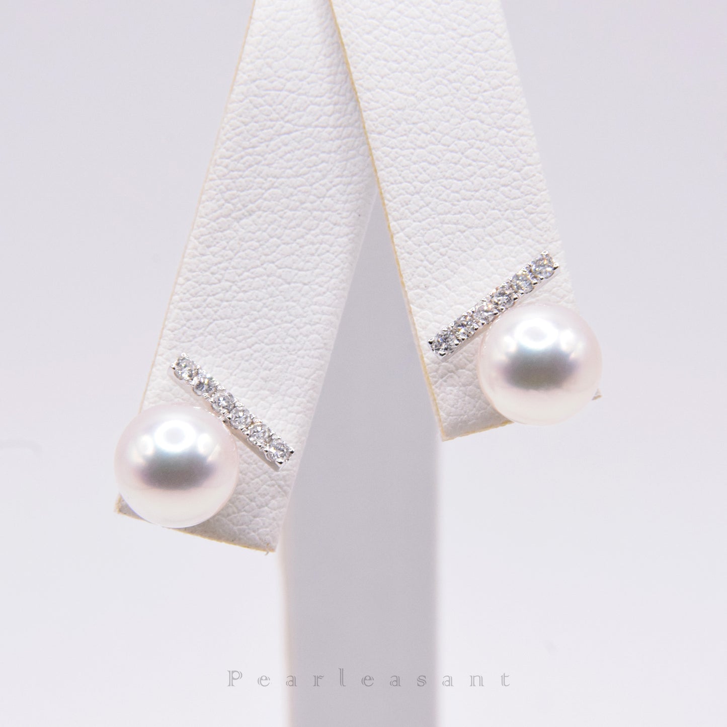 Hanadama Grade 8.0-8.5mm White Akoya Pearl Diamond Bar Earrings with Certificate