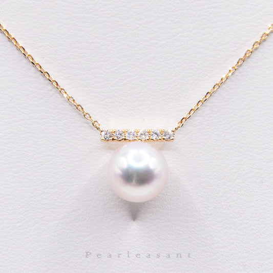 Hanadama Grade 8.0-8.5mm White Akoya Pearl Diamond Bar Pendant with Certificate