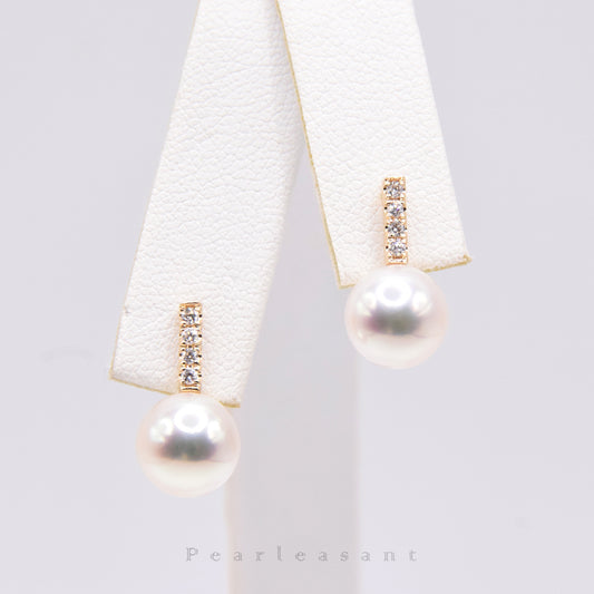 Hanadama Grade 8.0-8.5mm White Akoya Pearl Sparkle Bar Earrings with Certificate