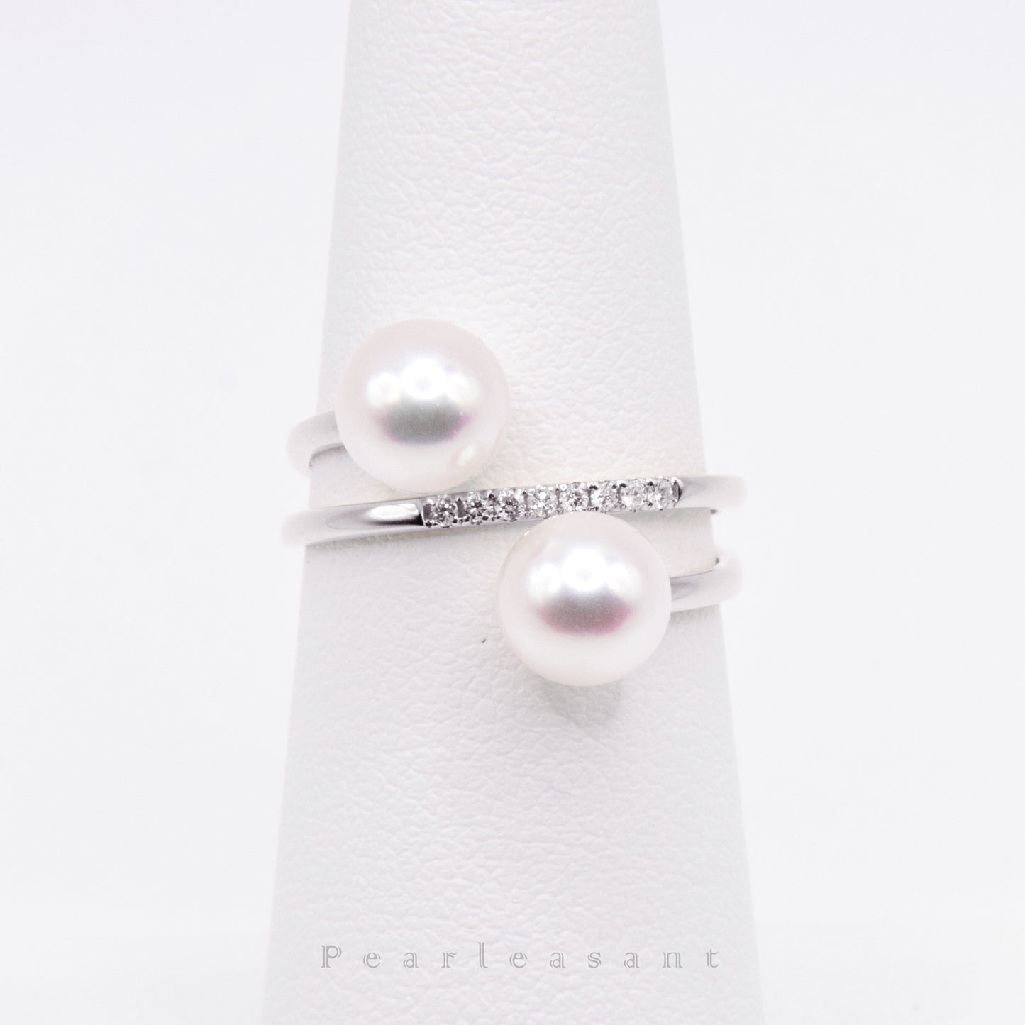 Hanadama Grade 6.5-7.0mm White Akoya Twin Pearl Swirl Diamond Ring with Certificate (Pre-order)