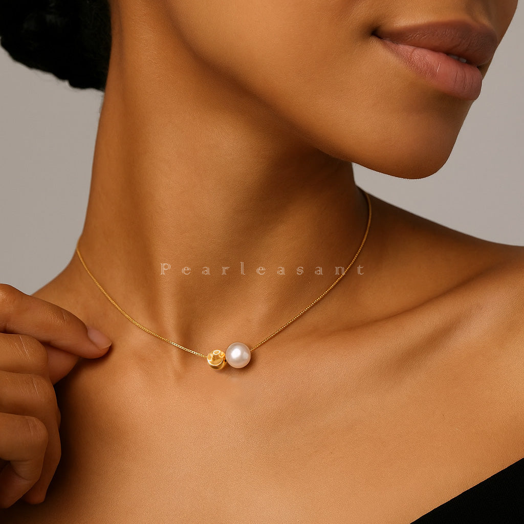 Sale Final - Hanadama Luster 8.0-8.5mm Natural White Akoya Pearl Gold Ball Floating Pendant