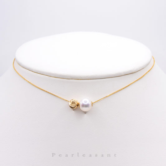 Hanadama Luster 8.0-8.5mm Natural White Akoya Pearl Gold Ball Floating Pendant