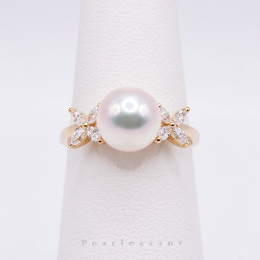Hanadama Grade 8.5-9.0mm White Akoya Pearl Clove Diamond Ring with Certificate (Pre-order)