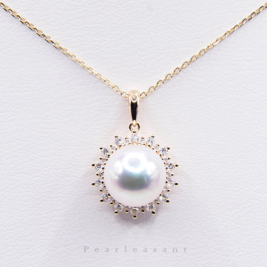 Hanadama Grade 8.5-9.0mm White Akoya Pearl Sunflower Pendant with Certificate