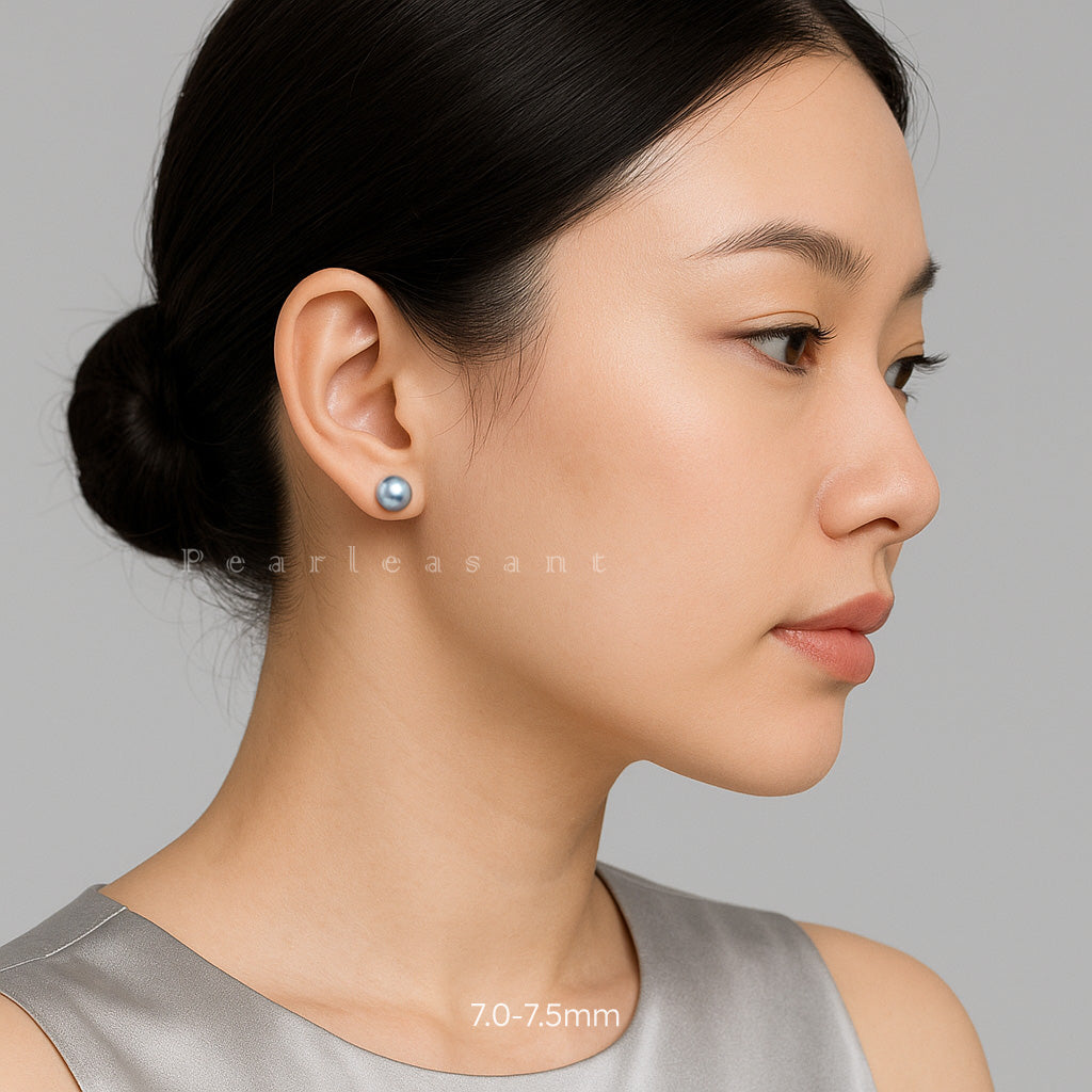 5-star Grade Madama Color 7.0-8.0mm Blue Akoya Pearl Earring Studs with Certificate