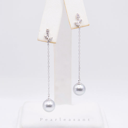 Sale Final - Madama Color 5-star Grade 7.5-8.0mm Silver Akoya Pearl Leaf Thread Earrings with Certificate