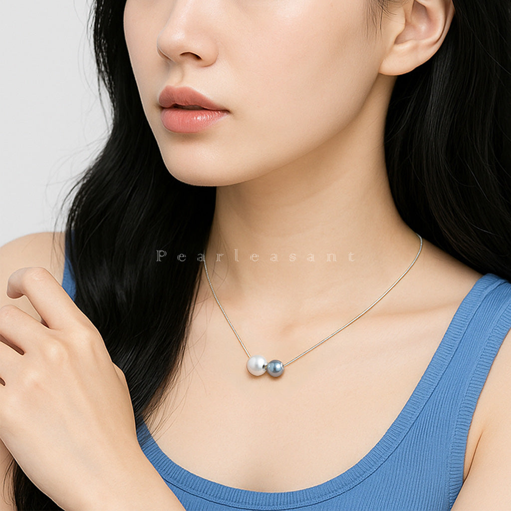 Natural White and Madama Blue Bicolor 5-star Grade Akoya Pearl Floating Pendant