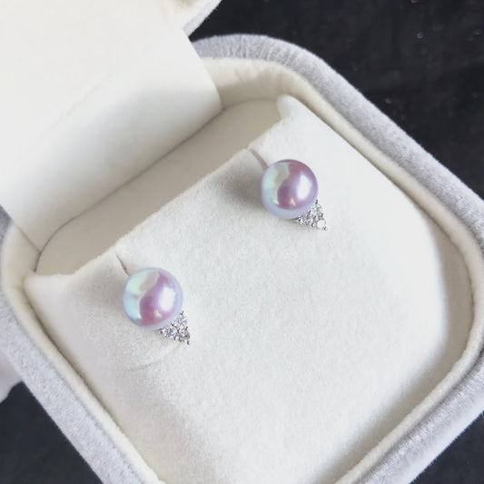 Sale Final - 5-star Grade Madama Blue Rose Color 7.5-8.0mm Akoya Pearl Trio Diamond Earrings